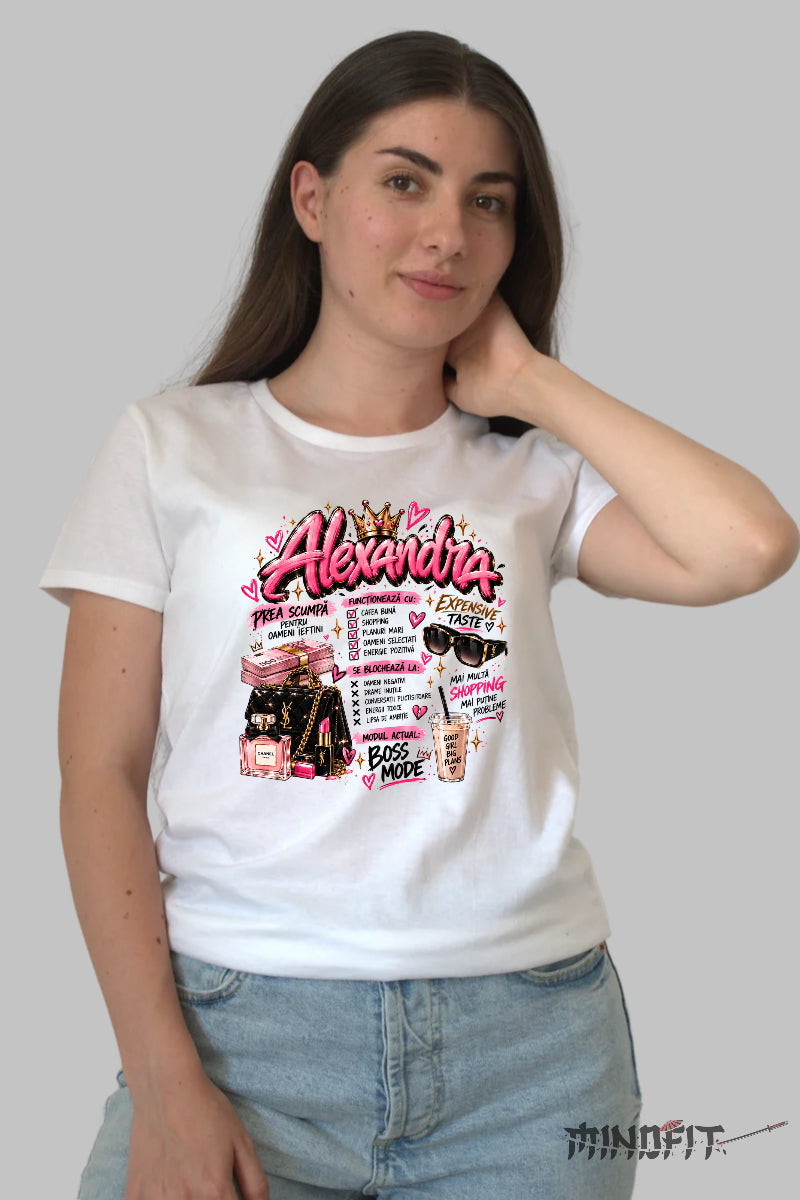 Tricou Amuzant - Boss Mode Expensive Taste dama alb