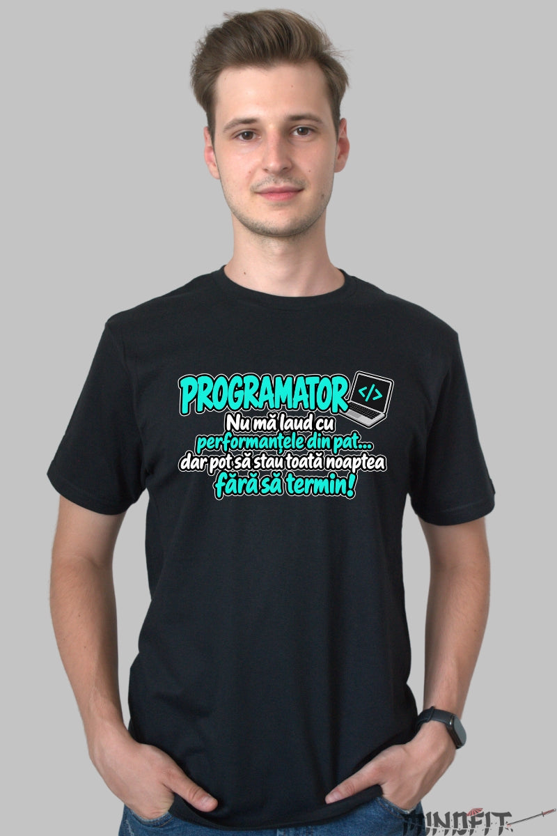 Tricou Amuzant - Programator Performante In Pat barbat negru