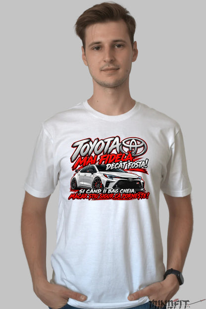 Tricou amuzant barbat alb cu Toyota alba si text haios despre fosta iubita