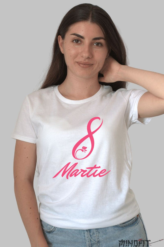 Tricou 8 Martie Cu Trandafir Roz Eleganta Dama Alb
