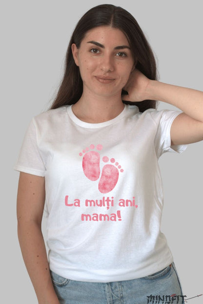 Tricou 8 Martie - La Multi Ani Mama Copil Dama Alb