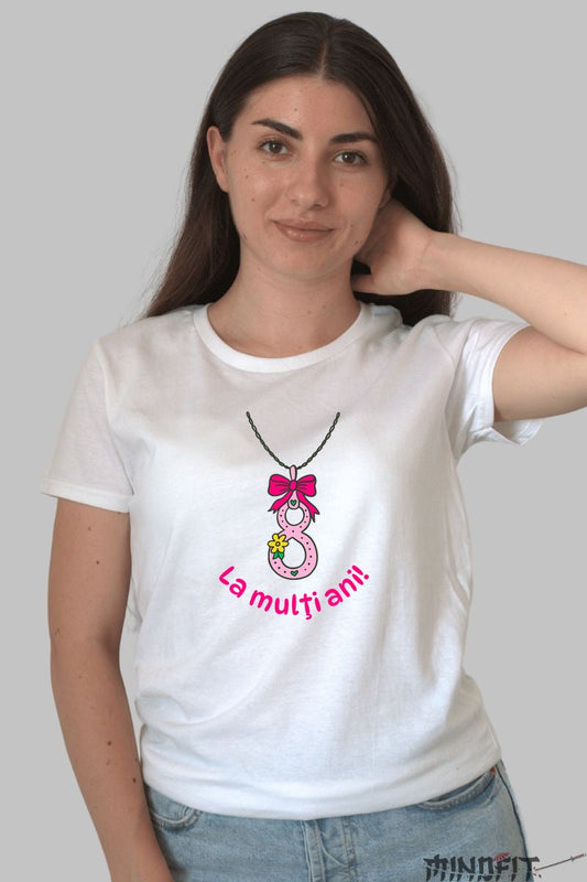 Tricou 8 Martie - Pandantiv cu Fundita Roz Dama Alb
