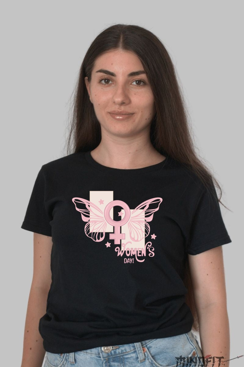 Tricou 8 Martie - Women's Day Fluturi Roz Dama Negru