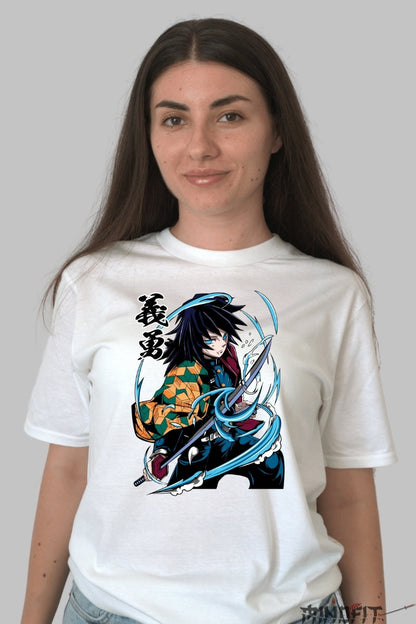 Tricou Anime Demon Slayer - Giyu Tomioka Water Hashira dama alb