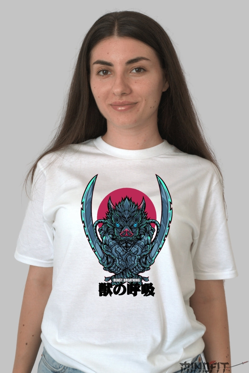 Tricou Anime Demon Slayer - Inosuke Respira-ia Bestiei dama alb