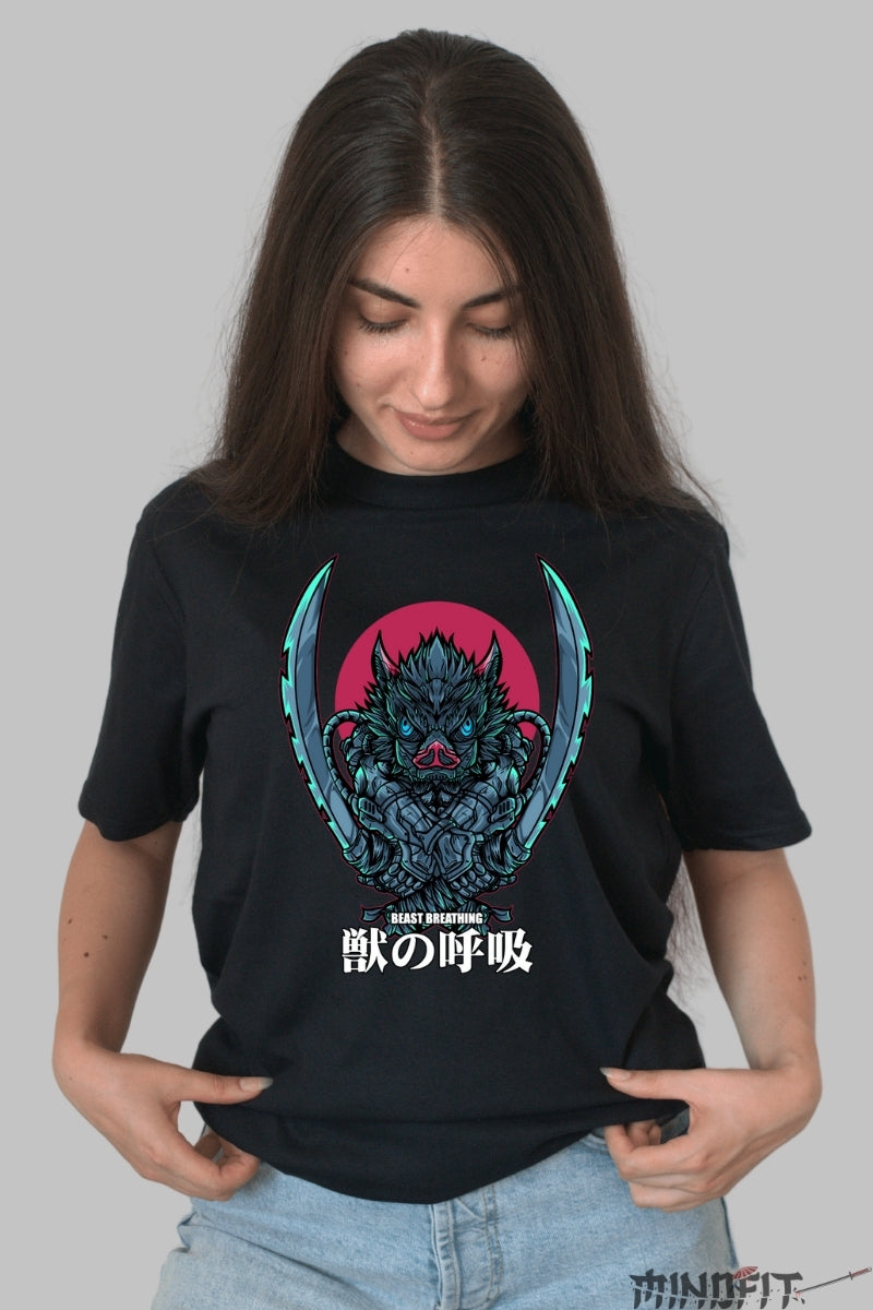 Tricou Anime Demon Slayer - Inosuke Respira-ia Bestiei dama negru