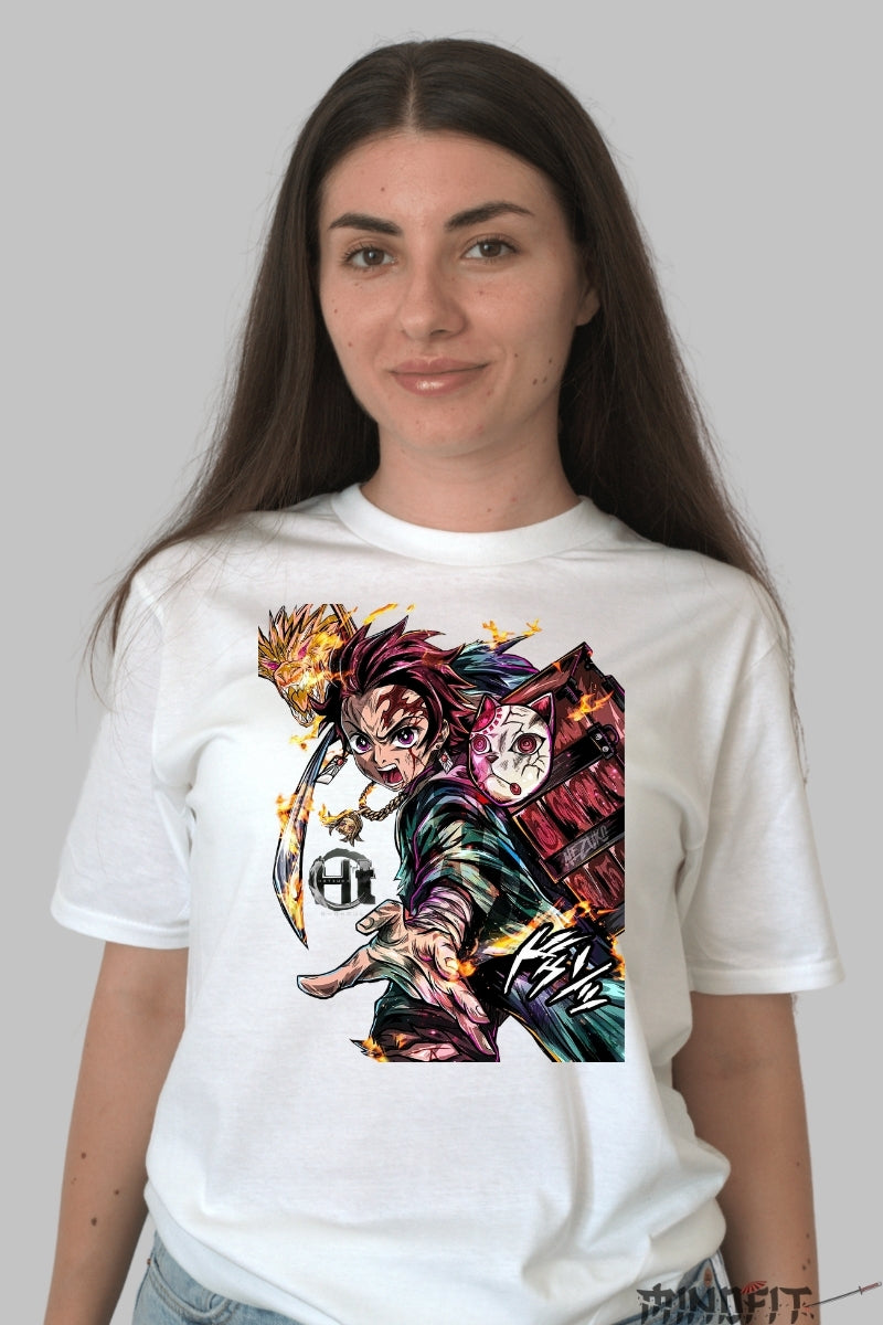 Tricou Anime Demon Slayer - Tanjiro Flame Strike dama alb