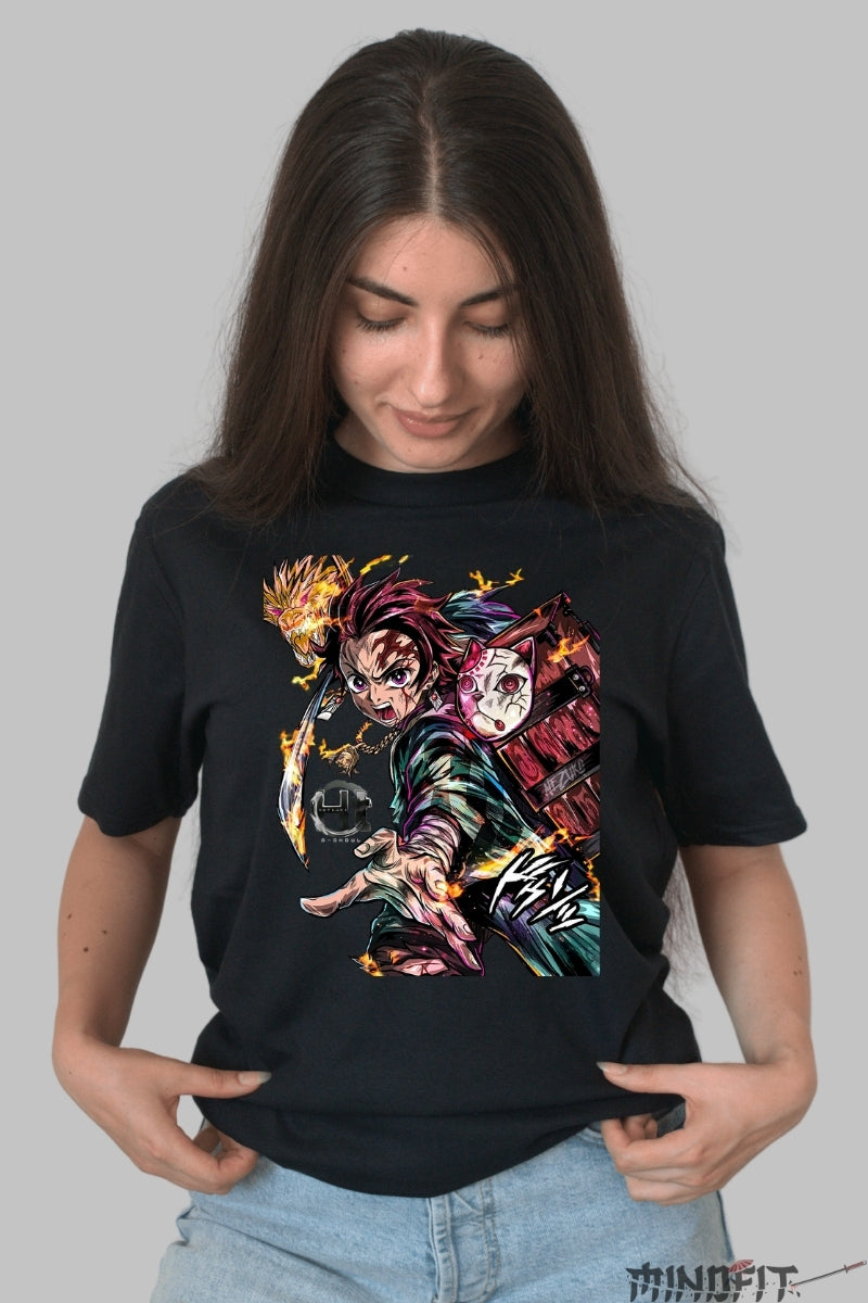 Tricou Anime Demon Slayer - Tanjiro Flame Strike dama negru