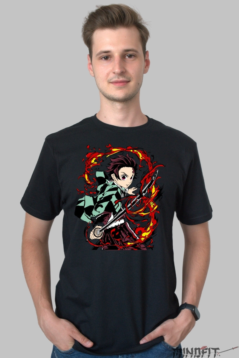 Tricou Anime Demon Slayer - Tanjiro Kamado Flame Strike barbat negru