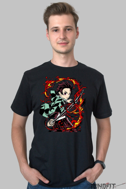 Tricou Anime Demon Slayer - Tanjiro Kamado Flame Strike barbat negru