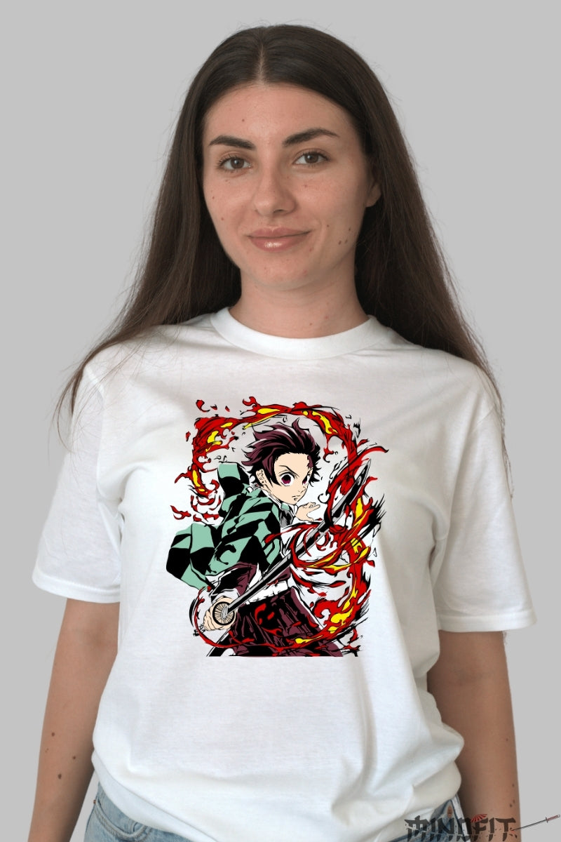 Tricou Anime Demon Slayer - Tanjiro Kamado Flame Strike dama alb