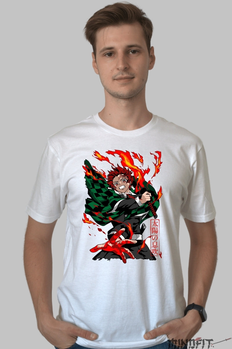 Tricou Anime Demon Slayer - Tanjiro Respira-ia Soarelui barbat alb
