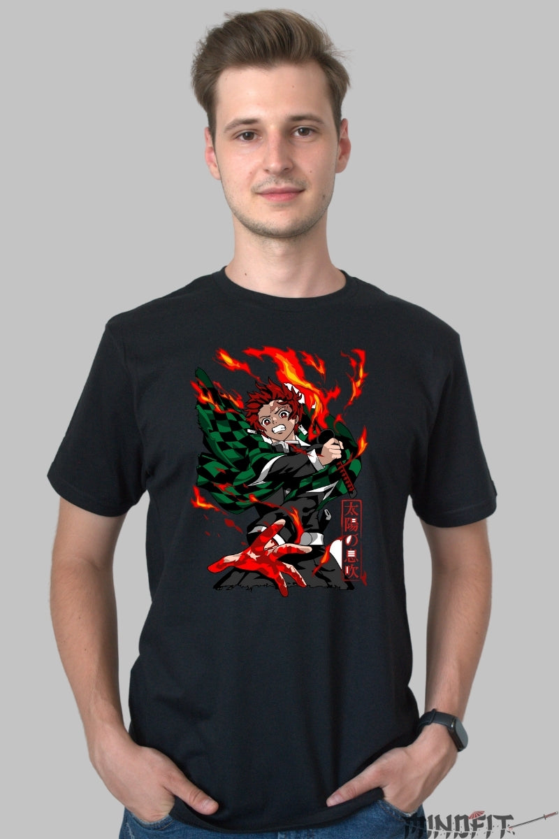 Tricou Anime Demon Slayer - Tanjiro Respira-ia Soarelui barbat negru
