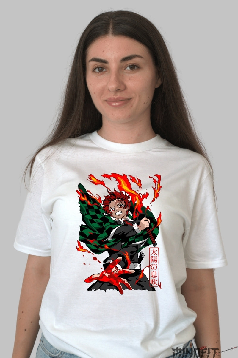 Tricou Anime Demon Slayer - Tanjiro Respira-ia Soarelui dama alb