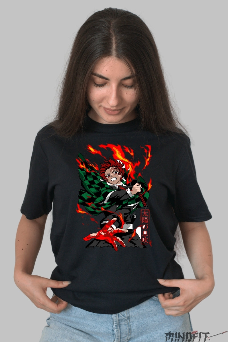 Tricou Anime Demon Slayer - Tanjiro Respira-ia Soarelui dama negru