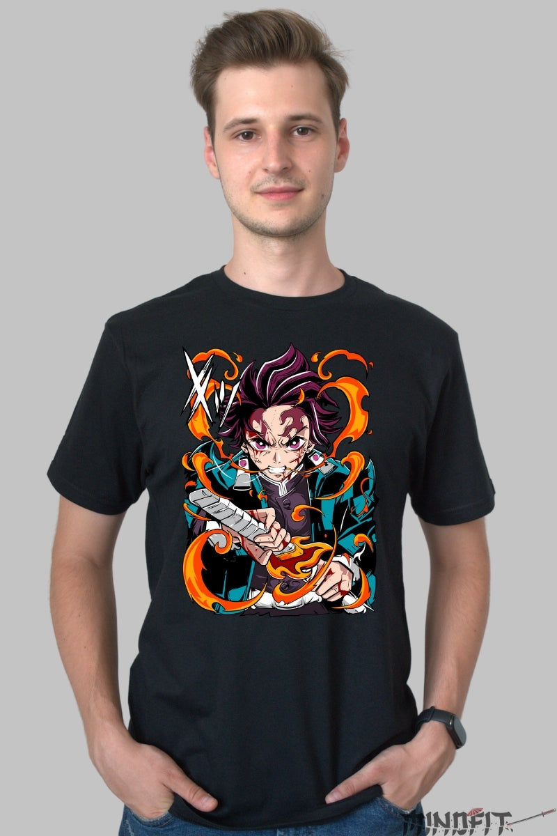 Tricou Anime Demon Slayer - Tanjiro Spiritul Flacarii barbat negru