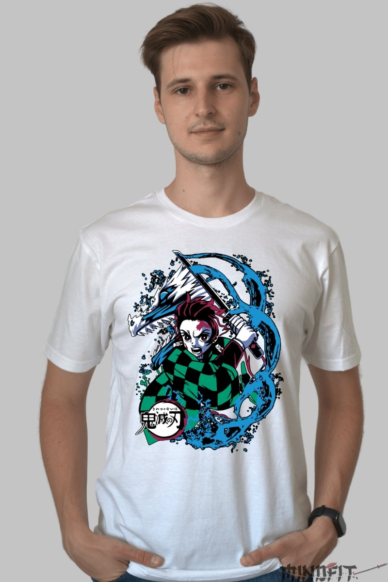 Tricou Anime Demon Slayer - Tanjiro Water Breathing Style barbat alb