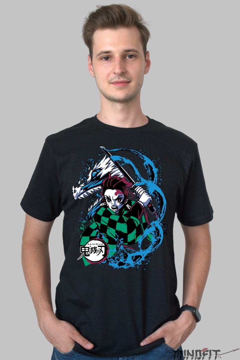 Tricou Anime Demon Slayer - Tanjiro Water Breathing Style barbat negru
