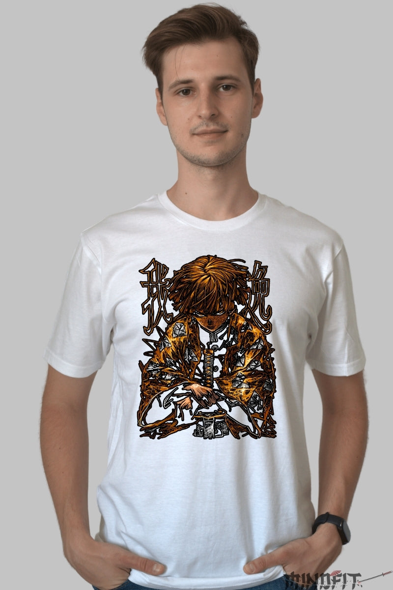 Tricou Anime Demon Slayer - Zenitsu Thunder Rage barbat alb