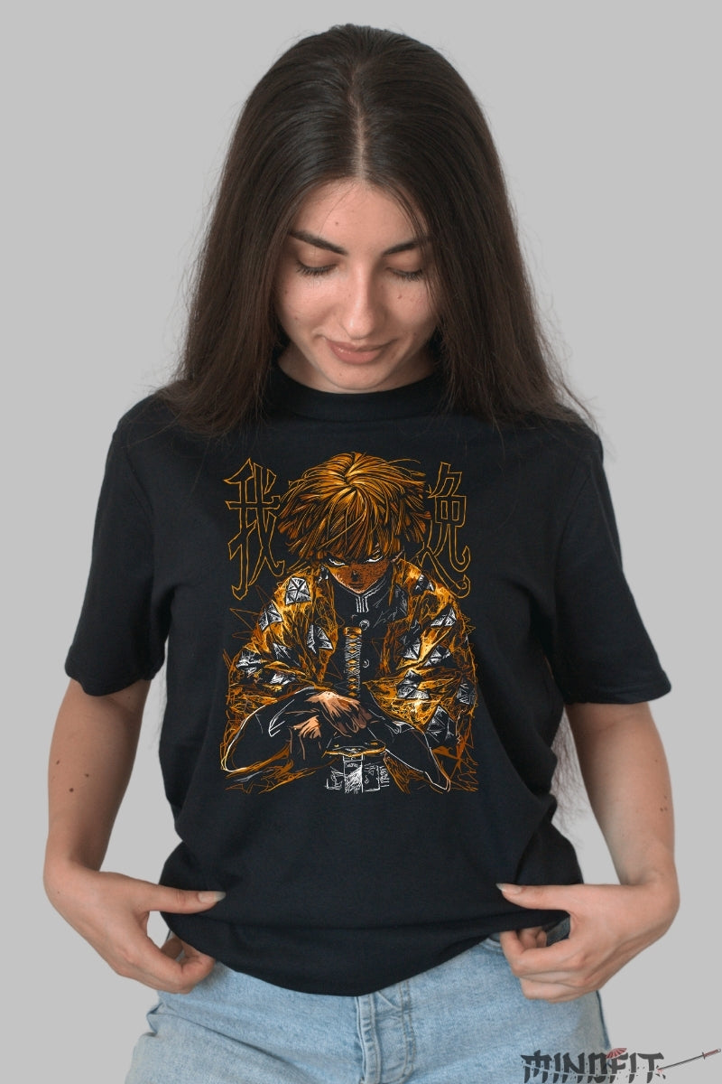 Tricou Anime Demon Slayer - Zenitsu Thunder Rage dama negru