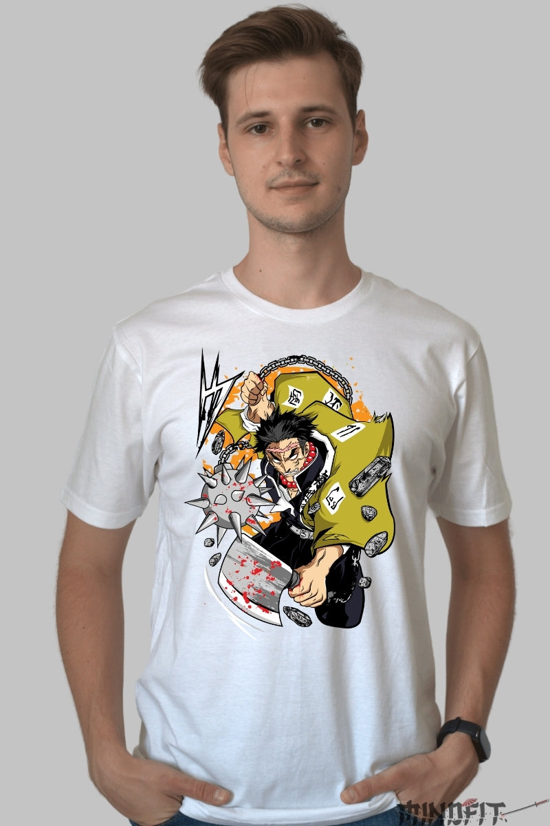 Tricou Anime Demonic Slayer - Tengen Uzui in plina confruntare barbat alb