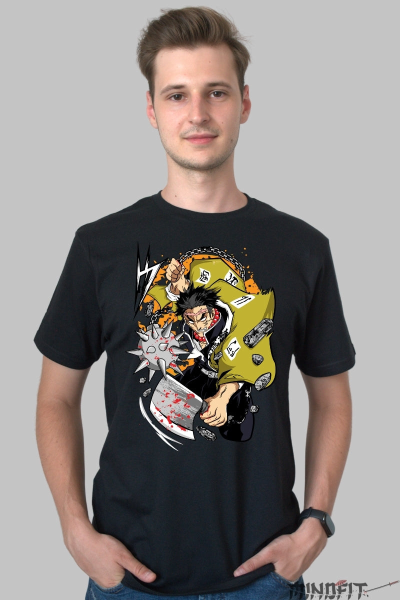 Tricou Anime Demonic Slayer - Tengen Uzui in plina confruntare barbat negru