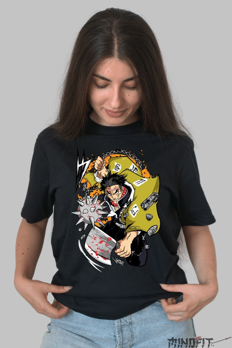 Tricou Anime Demonic Slayer - Tengen Uzui in plina confruntare dama negru