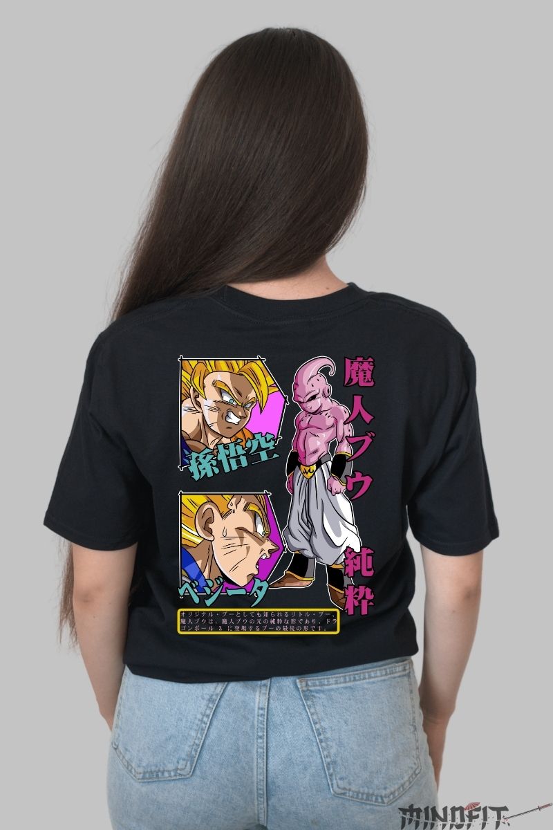 Tricou Anime Dragon Ball -Majin Buu vs Goku si Vegeta fata negru spate