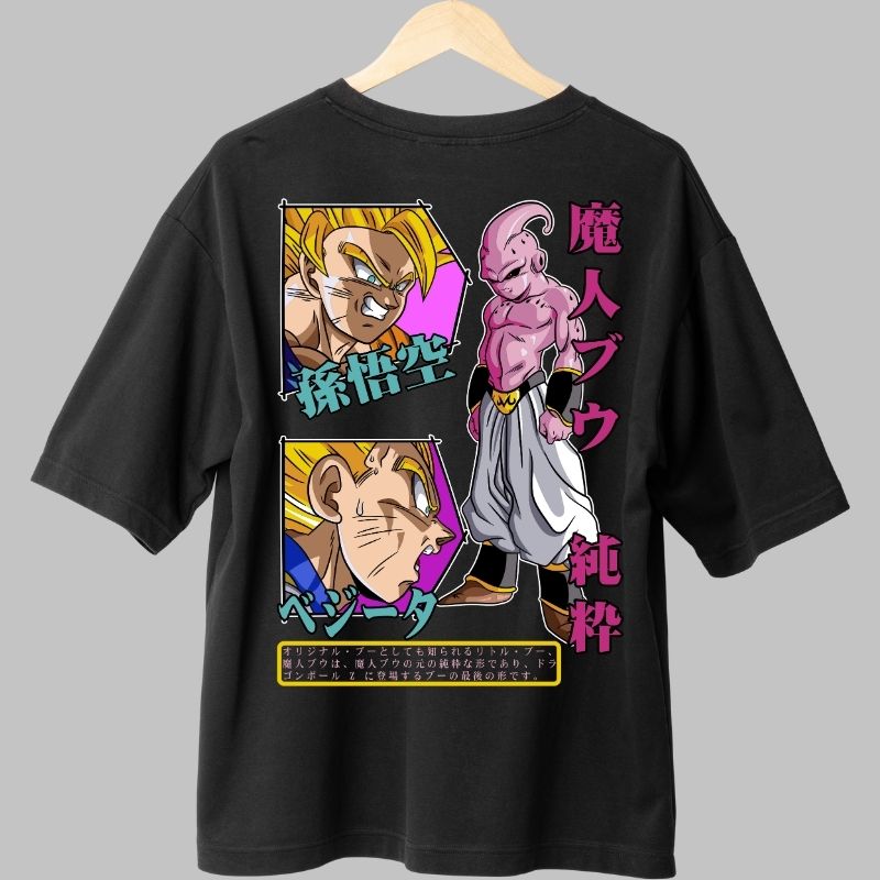 Tricou Anime Dragon Ball -Majin Buu vs Goku si Vegeta negru fata