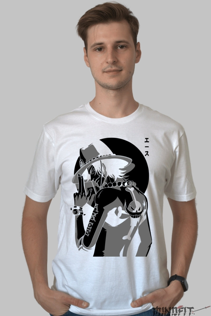 Tricou Anime One Piece - Ace Whitebeard's Fire Legacy barbat alb
