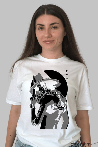 Tricou Anime One Piece - Ace Whitebeard's Fire Legacy dama alb