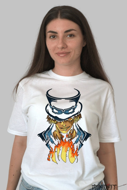 Tricou Anime One Piece - Flacara Fratelui Portgas D. Ace dama alb