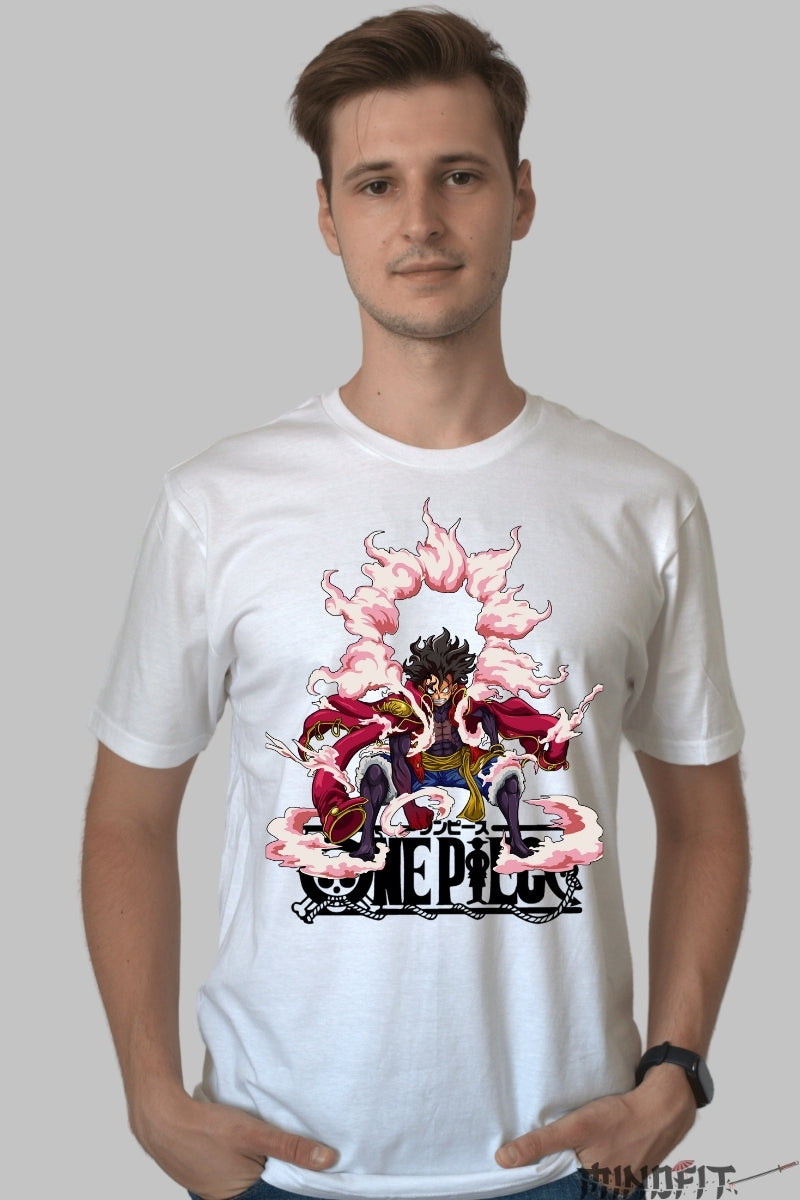 Tricou Anime One Piece - Luffy Gear 4 Conqueror's Haki barbat alb