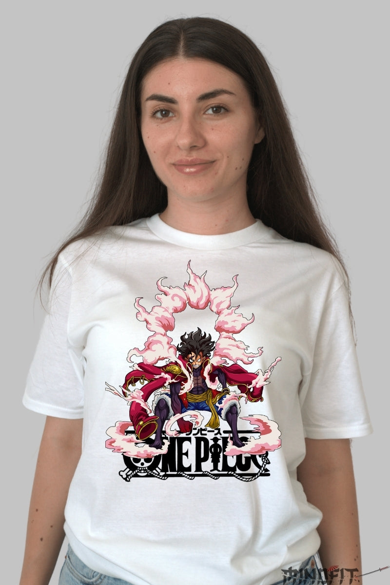 Tricou Anime One Piece - Luffy Gear 4 Conqueror's Haki dama alb