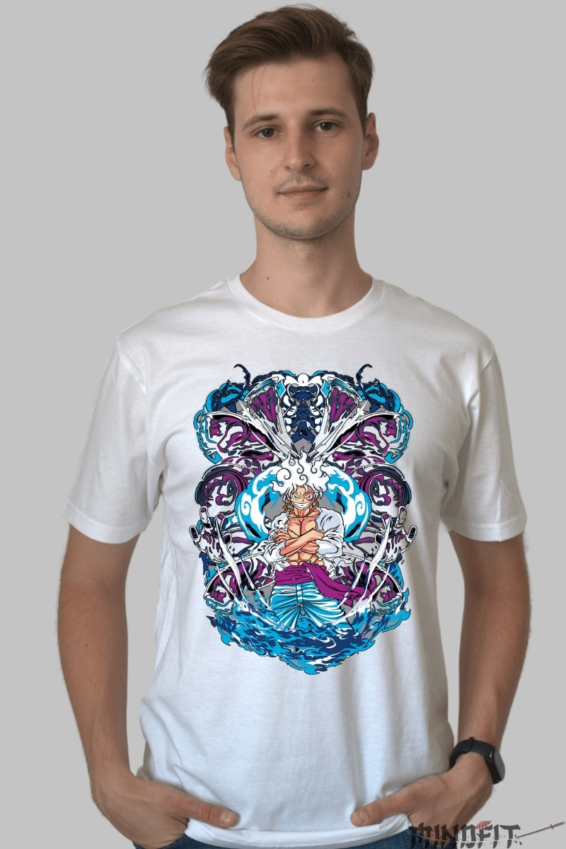 Tricou Anime One Piece - Luffy Gear Fifth Ascensiune Divina barbat alb