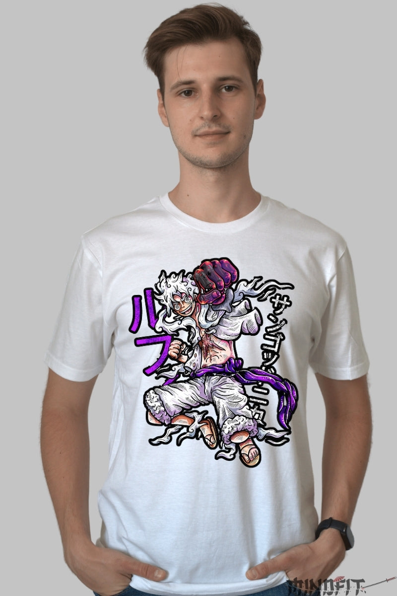 Tricou Anime One Piece - Luffy Gear Fifth Transformation barbat alb