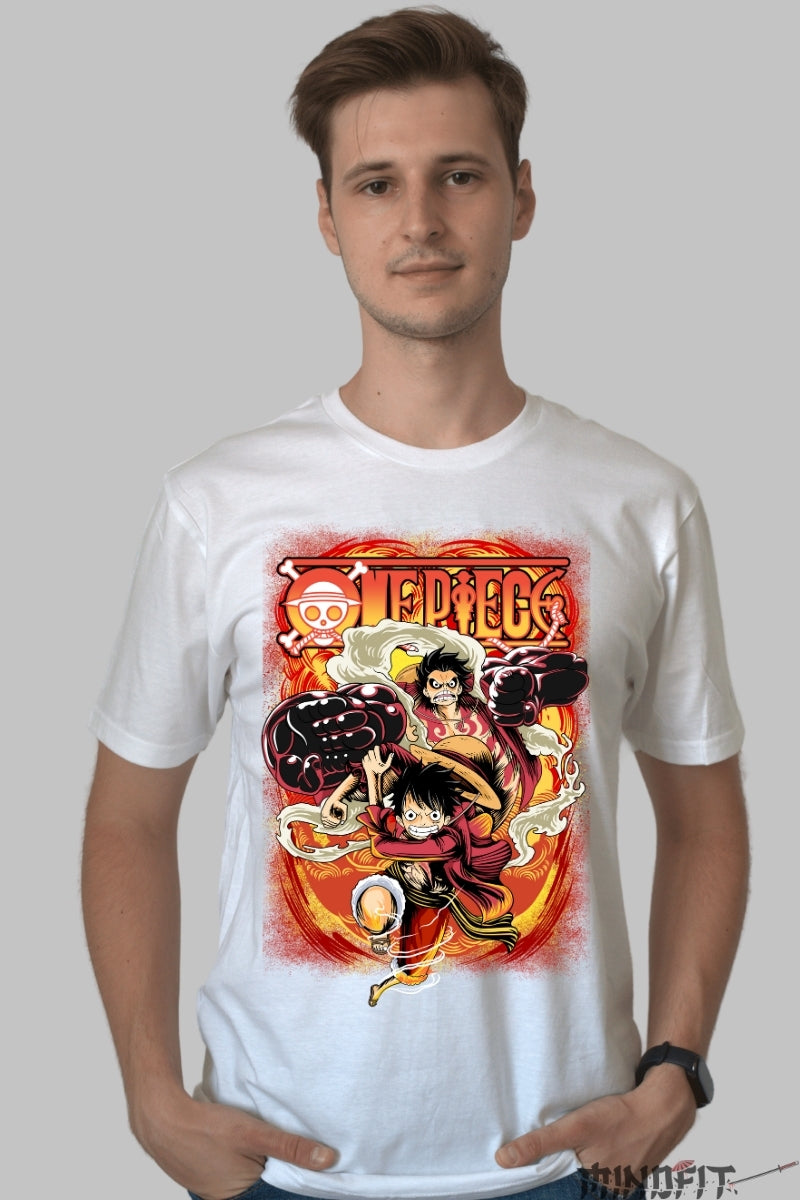 Tricou Anime One Piece - Luffy Gear Fourth Fire Rush barbat alb
