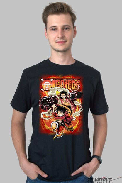Tricou Anime One Piece - Luffy Gear Fourth Fire Rush barbat negru