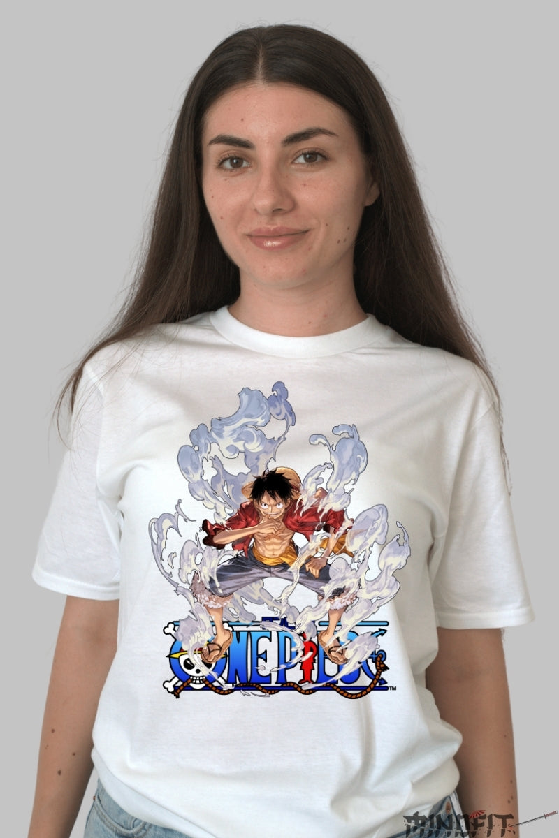 Tricou Anime One Piece - Luffy Gear Second Aura dama alb