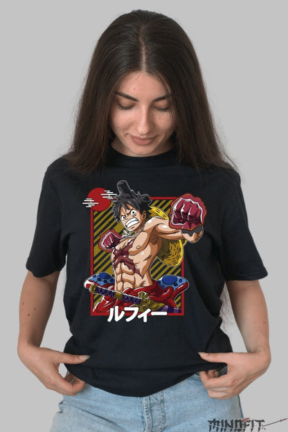 Tricou Anime One Piece - Luffy Red Warrior Edition dama negru