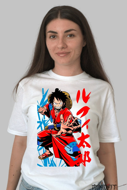 Tricou Anime One Piece - Luffy Samurai Warrior dama alb