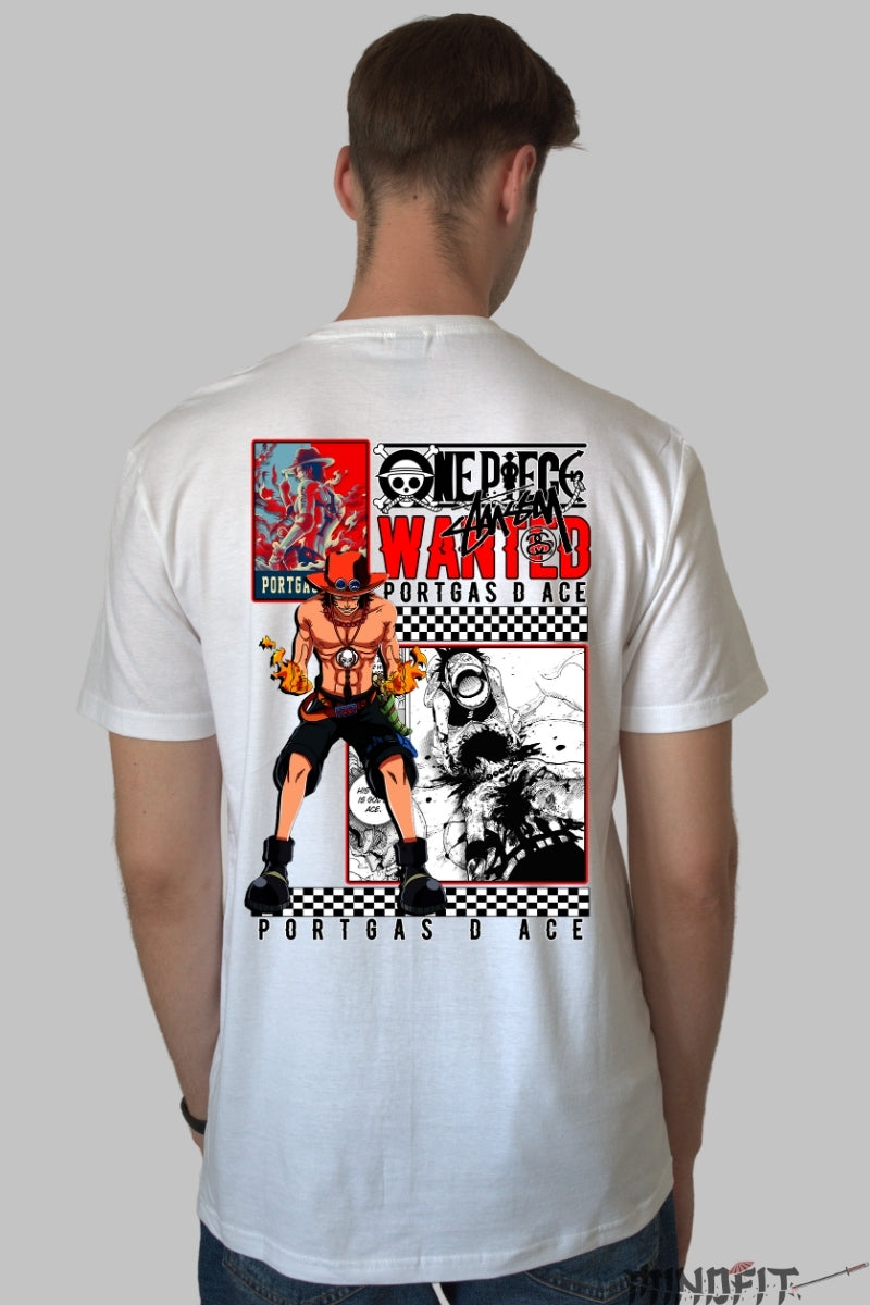 Tricou Anime One Piece - Portgas D. Ace Wanted Poster barbat alb