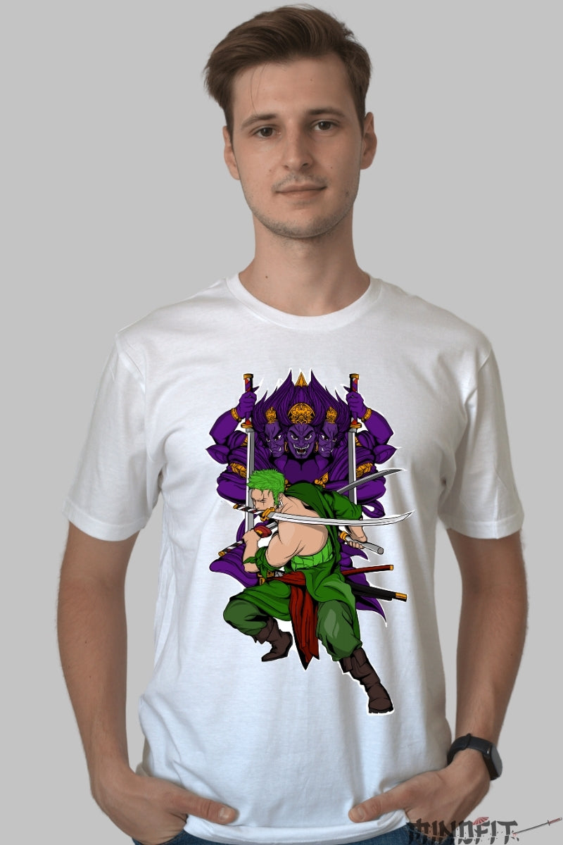 Tricou Anime One Piece - Zoro Asura Demon Slayer barbat alb