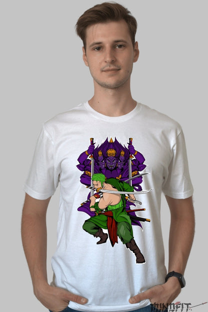 Tricou Anime One Piece - Zoro Asura Demon Slayer barbat alb