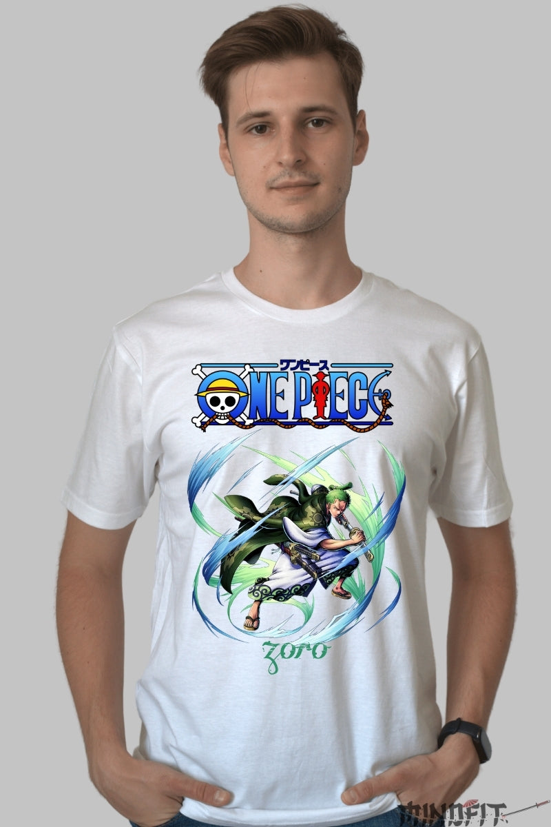 Tricou Anime One Piece - Zoro Santoryu Vortex barbat alb