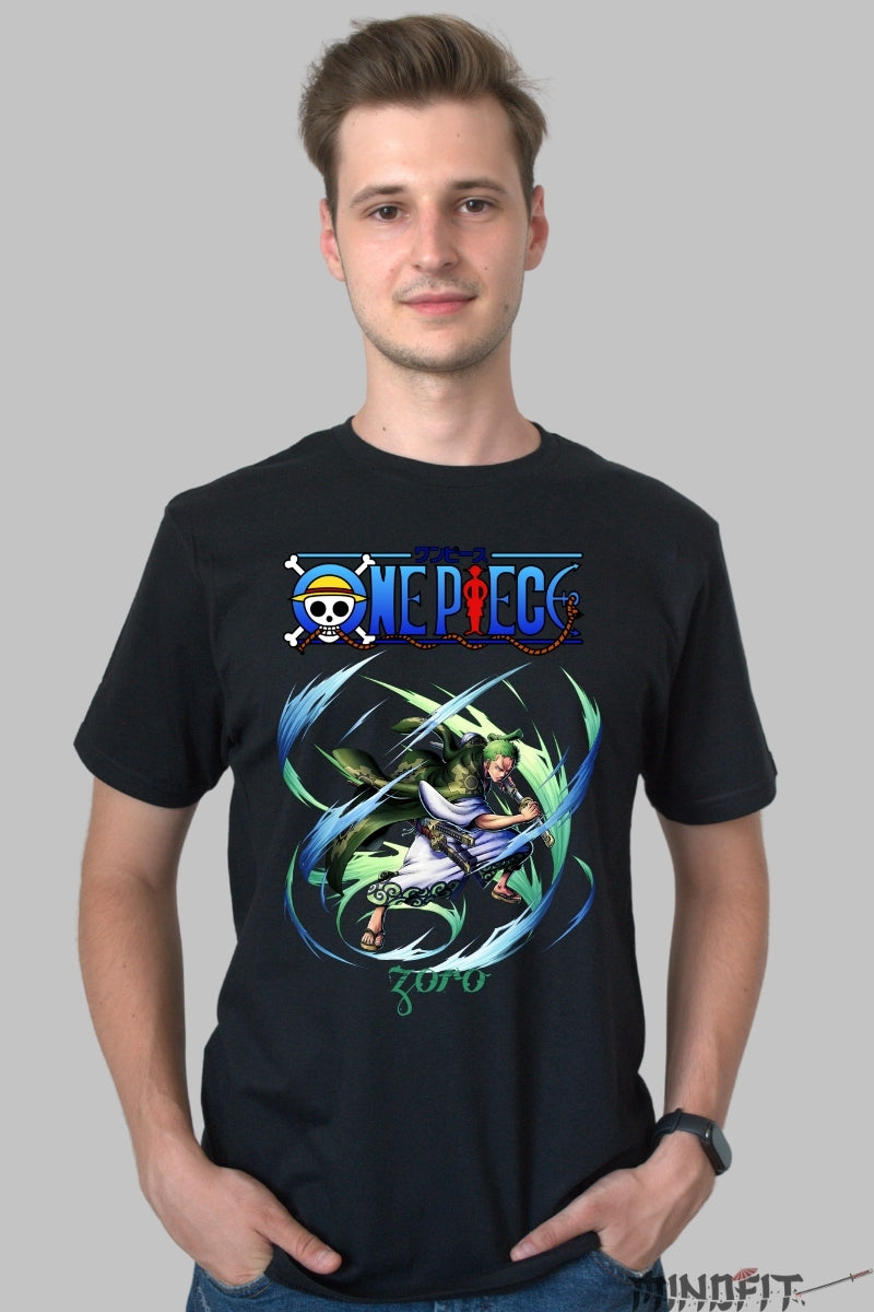 Tricou Anime One Piece - Zoro Santoryu Vortex barbat negru