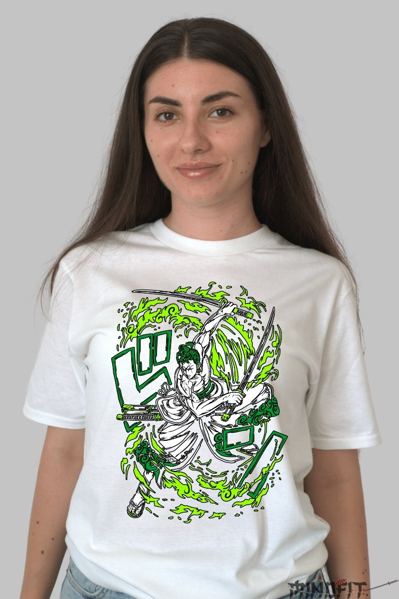 Tricou Anime One Piece - Zoro Spiritul celor Trei Sabii dama alb