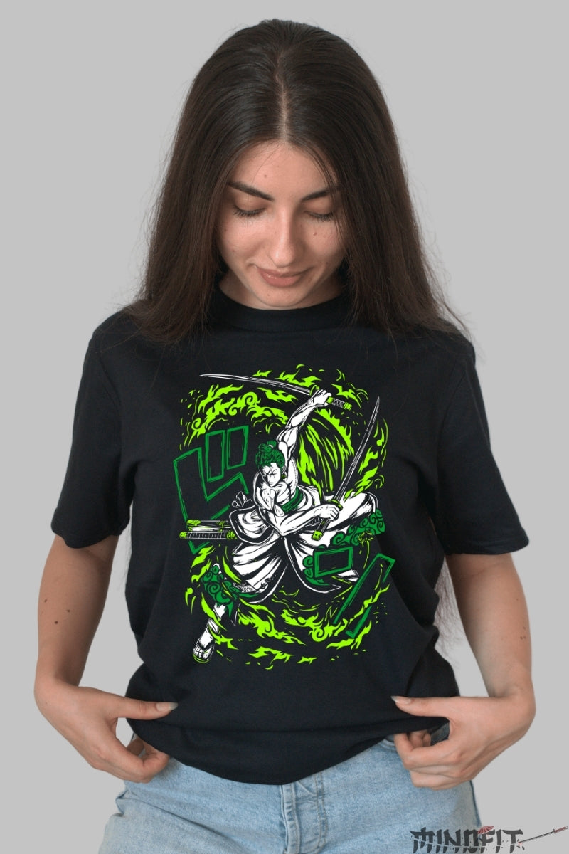 Tricou Anime One Piece - Zoro Spiritul celor Trei Sabii dama negru
