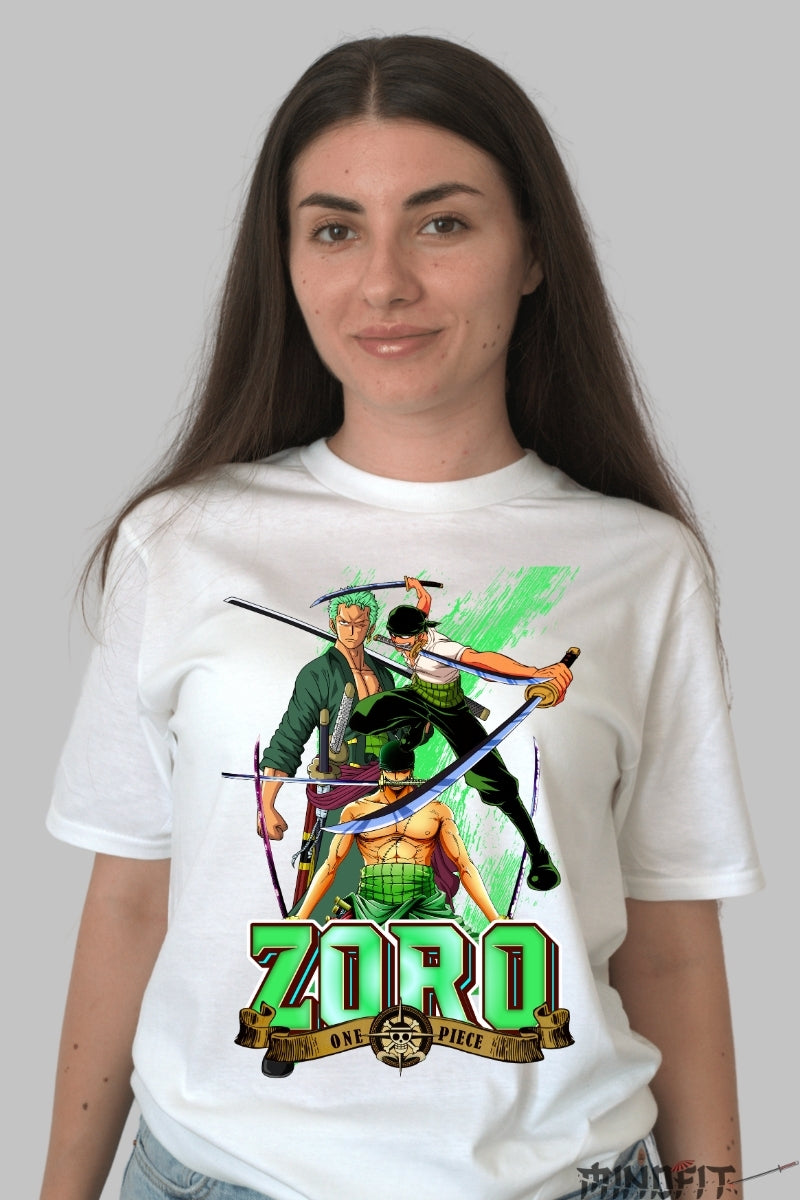 Tricou Anime One Piece - Zoro Trei Stiluri de Sabie dama alb