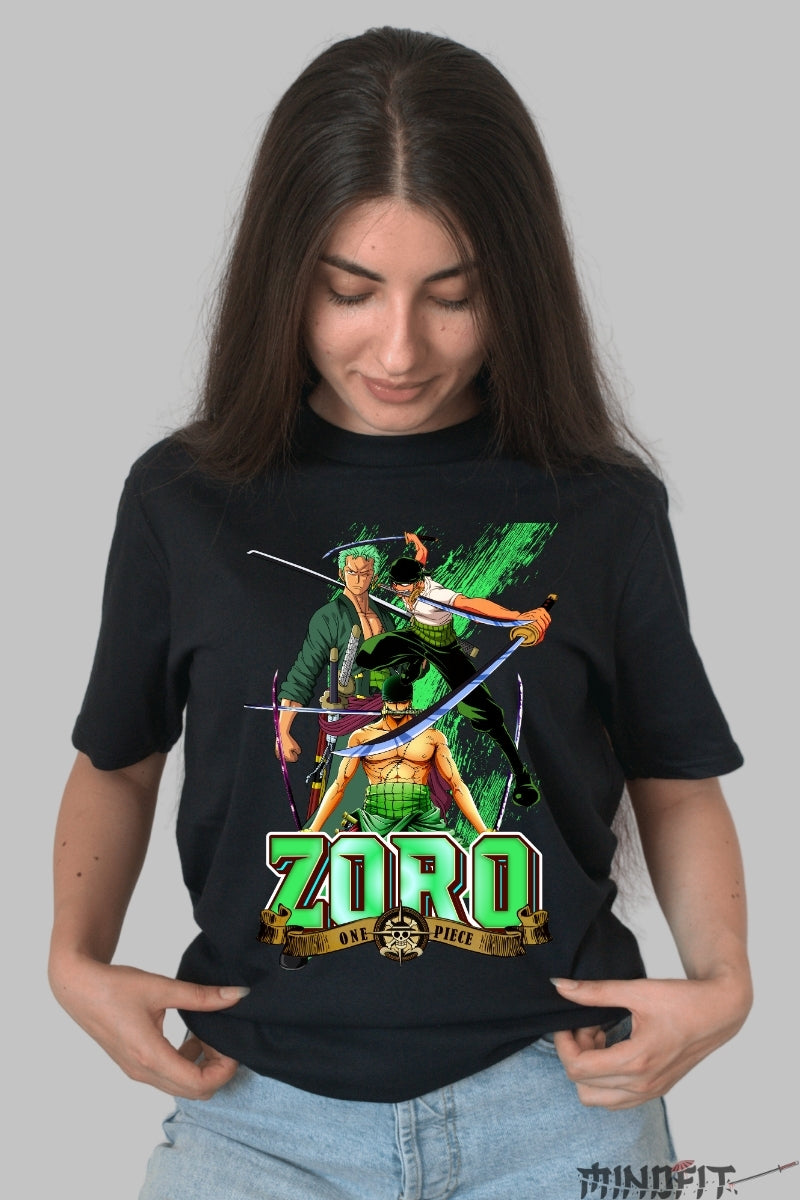 Tricou Anime One Piece - Zoro Trei Stiluri de Sabie dama negru